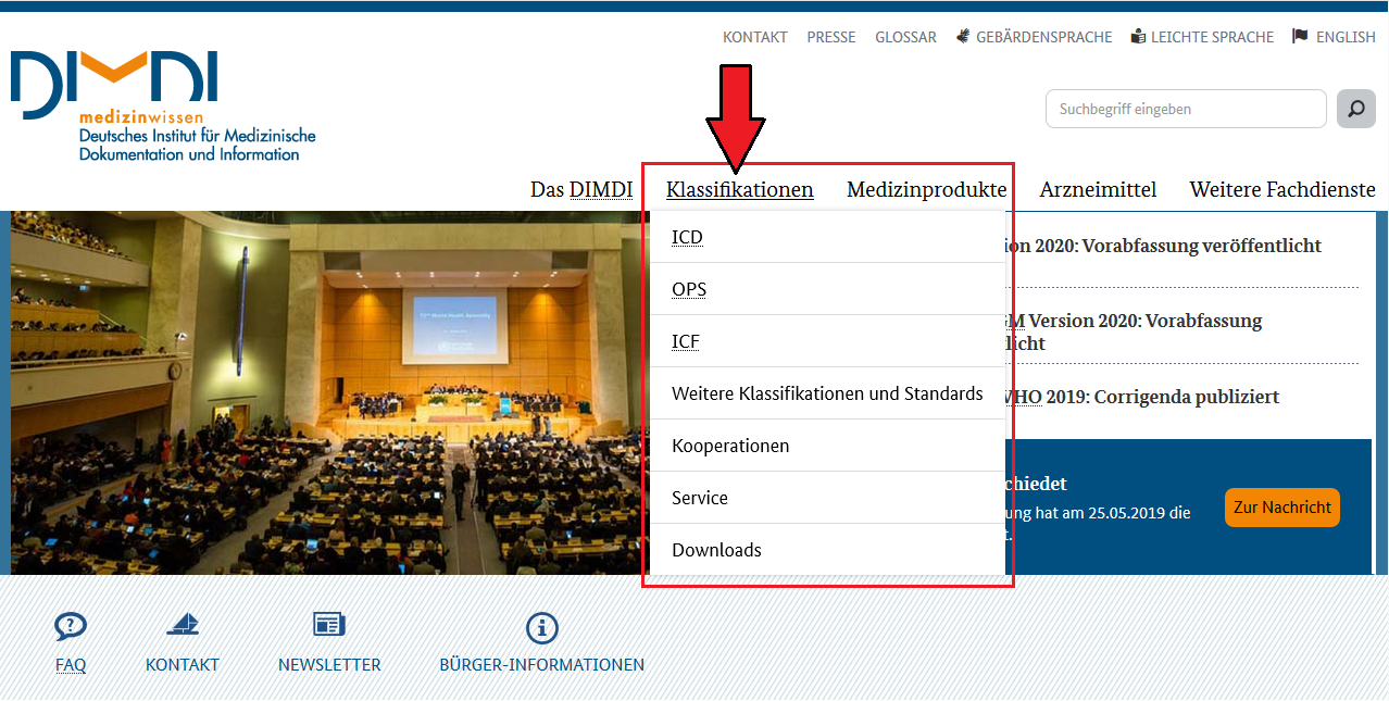 Screenshot: "Klassifikationen" Themen-Dropdown (c) DIMDI