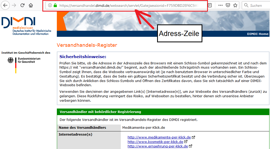 Screenshot: URL der DIMDI-Anwendung nach Klick auf Versandhandels-Logo (c) DIMDI