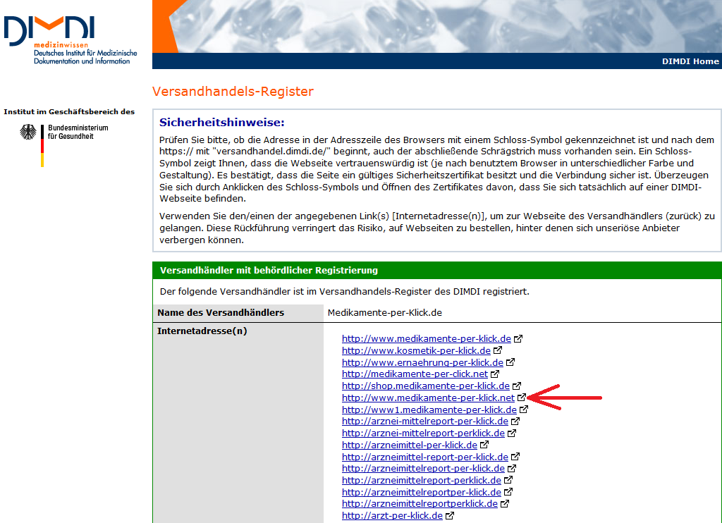Screenshot: Link zum Händler im Versandhandels-Register (c) DIMDI