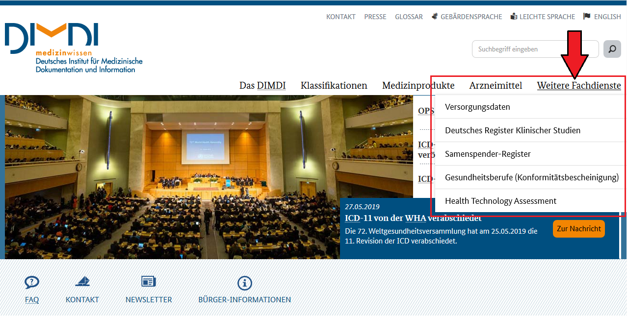 Screenshot: "Weitere Fachdienste" Themen-Dropdown (c) DIMDI